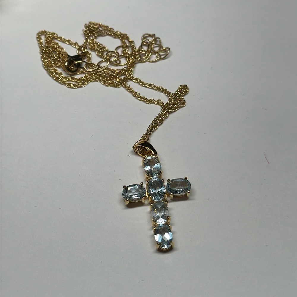 Blue topaz gemstone gold plated cross pendant necklace